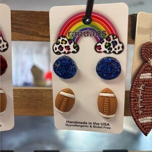 Blue Glitter and Brown Football Earrings